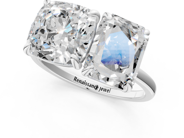 Platinum Cushion and Radiant Toi Moi Ring with Prong Setting and Plain Band