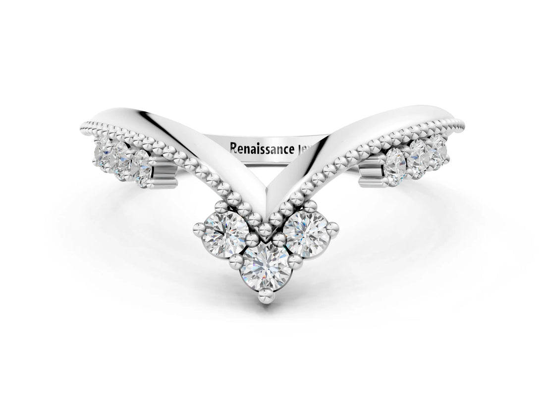 White gold Diamond Chevron Milgrain Band with Round Cut Stones and Prong Setting_21