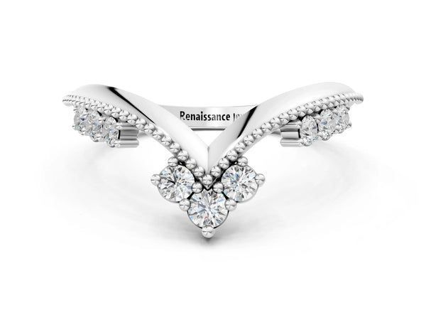 Silver Diamond Chevron Milgrain Band with Round Cut Stones and Prong Setting