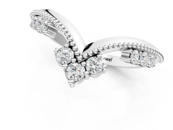 Platinum Diamond Chevron Milgrain Band with Round Cut Stones and Prong Setting