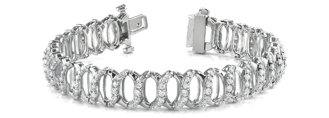 White gold Diamond Oval Link Tennis Bracelet with Round Cut Stones and Shared Prong Setting