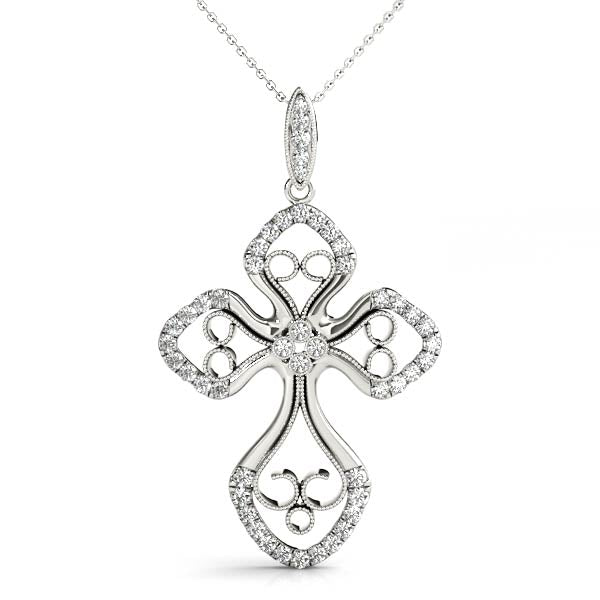 White gold Diamond Pavé Round Milgrain Cross Pendant