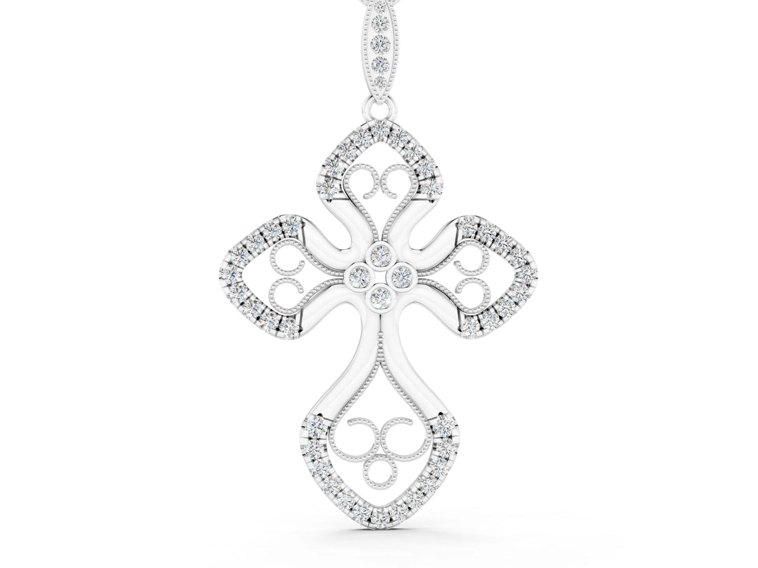 White gold Diamond Pavé Round Milgrain Cross Pendant_38