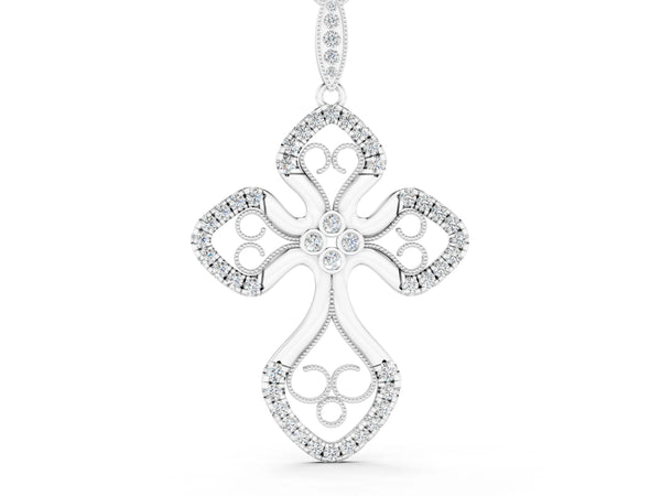 White gold Diamond Pavé Round Milgrain Cross Pendant