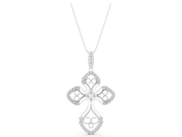 White gold Diamond Pavé Round Milgrain Cross Pendant