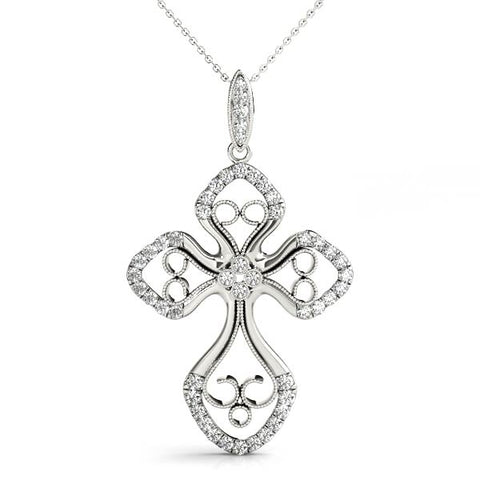 White gold Diamond Pavé Round Milgrain Cross Pendant