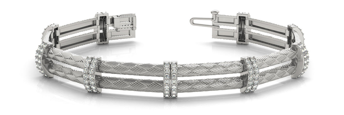 White gold Diamond Pavé Round Stone Braided Band Bracelet with Prong Setting