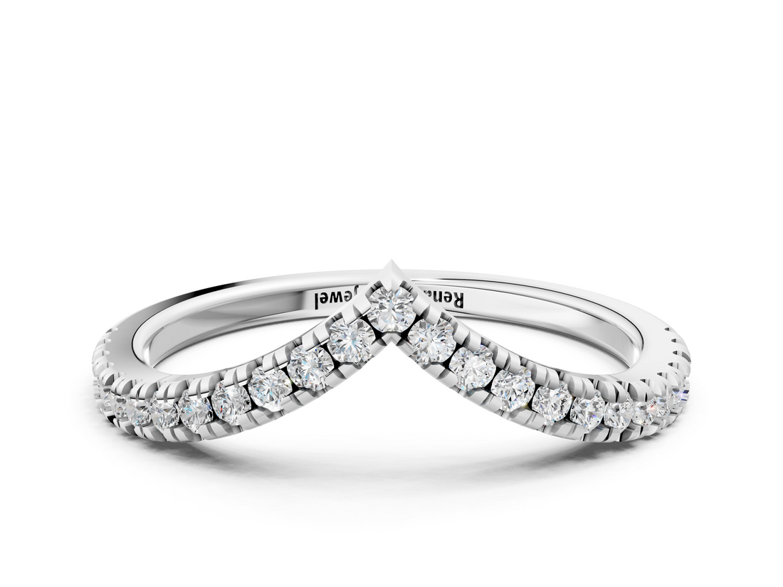 18K White Gold Pavé Round Diamond V-Shaped Chevron Band with Shared Prong Setting