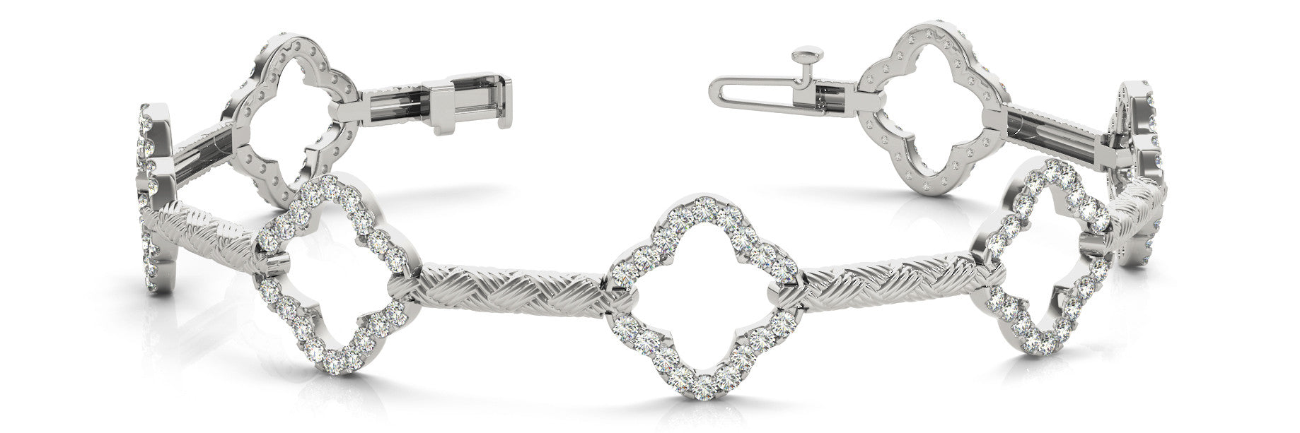 White gold Diamond Pave Clover Link Bracelet with Round Stones and Textured Band