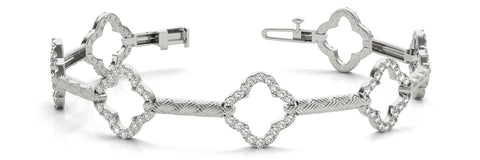 White gold Diamond Pave Clover Link Bracelet with Round Stones and Textured Band