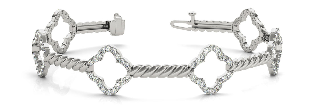 White gold Diamond Pave Clover Twisted Band Bracelet with Prong Setting