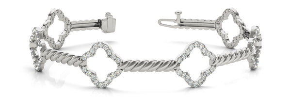 White gold Diamond Pave Clover Twisted Band Bracelet with Prong Setting