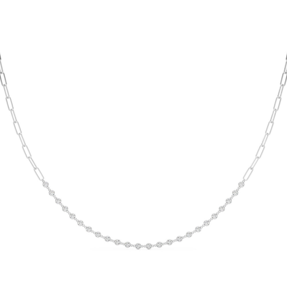 White gold Diamond Round Stone Paperclip Chain Necklace with Bezel Setting