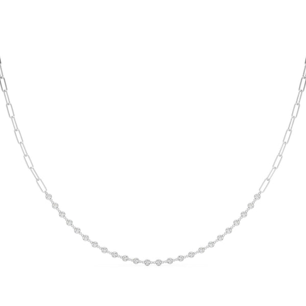 White gold Diamond Round Stone Paperclip Chain Necklace with Bezel Setting
