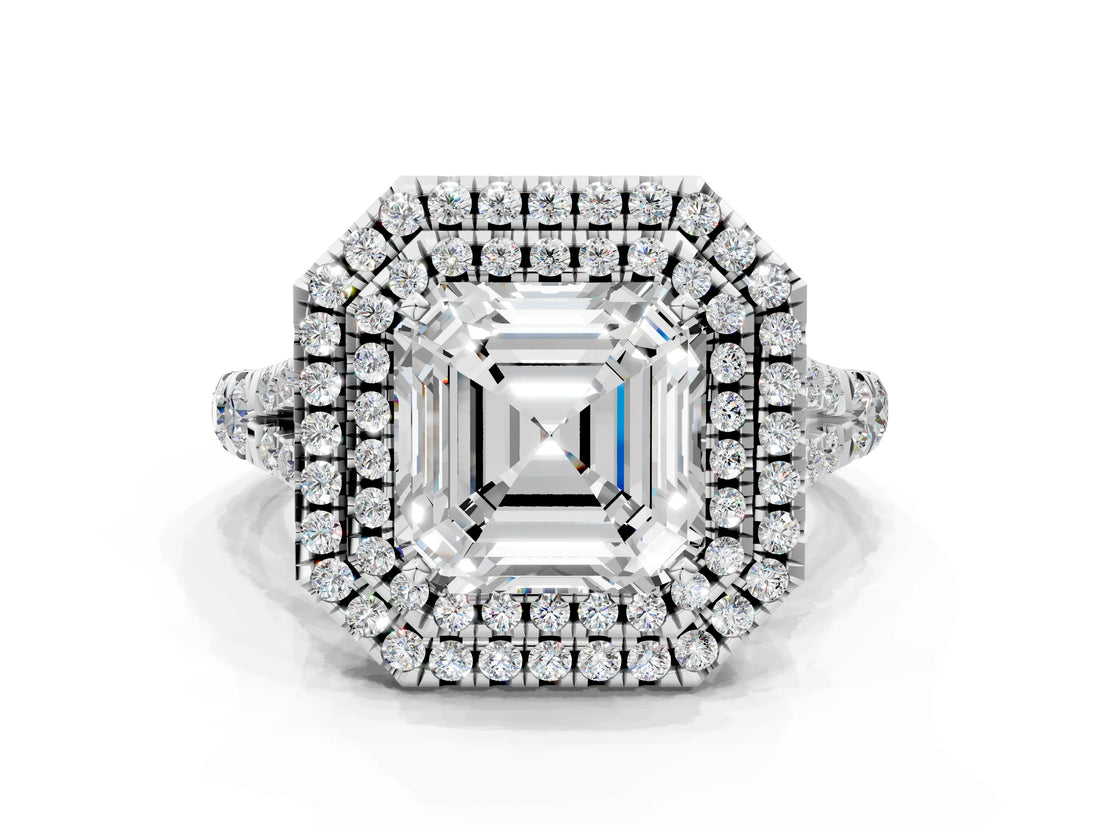 White gold Double Halo Asscher Cut Diamond Split Shank Engagement Ring with Four-Prong Setting_3