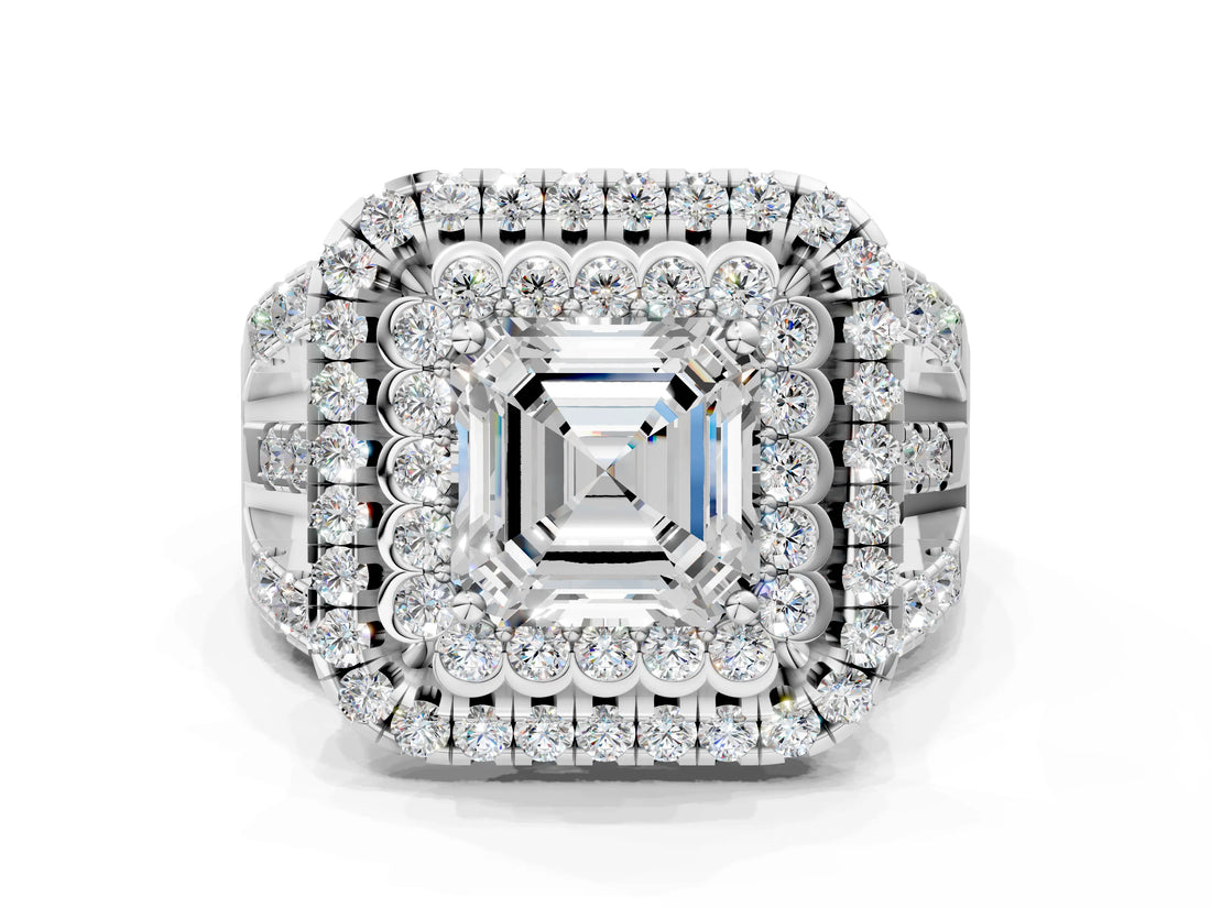 White gold Double Halo Asscher Cut Diamond Split Shank Pave Set Ring_3