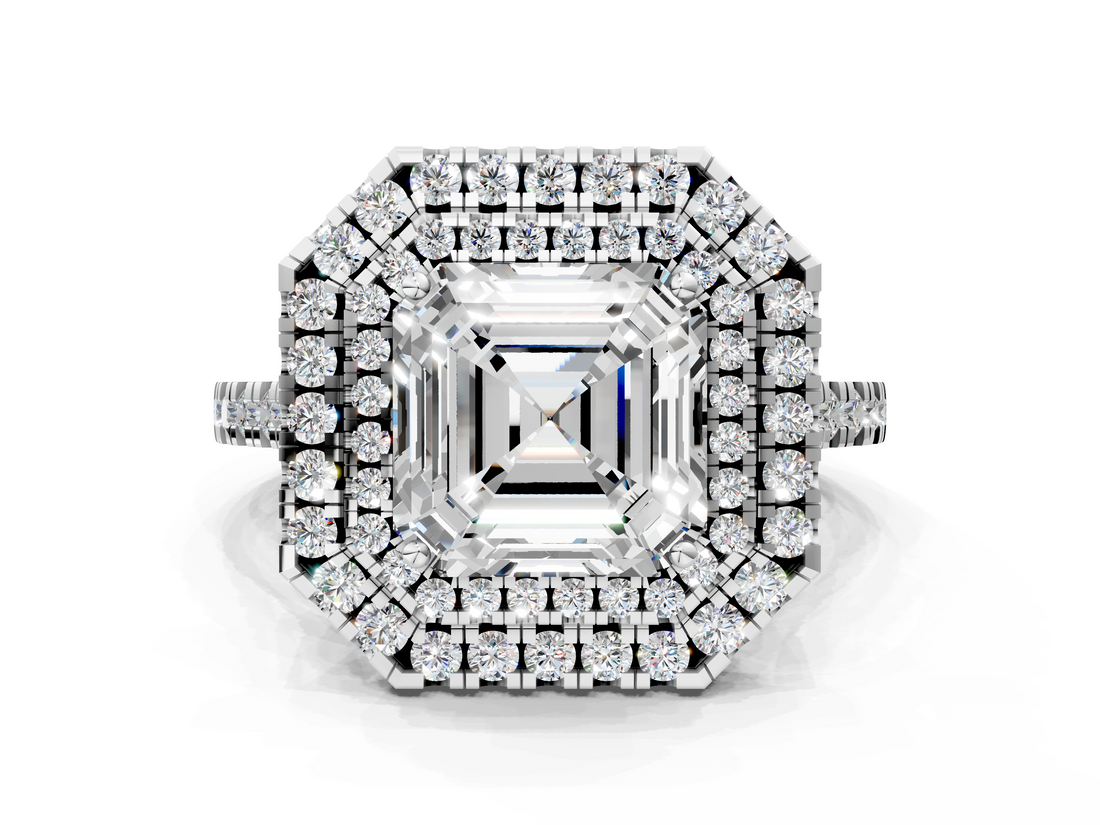 White gold Double Halo Asscher Diamond Pave Band with Four-Prong Setting_10