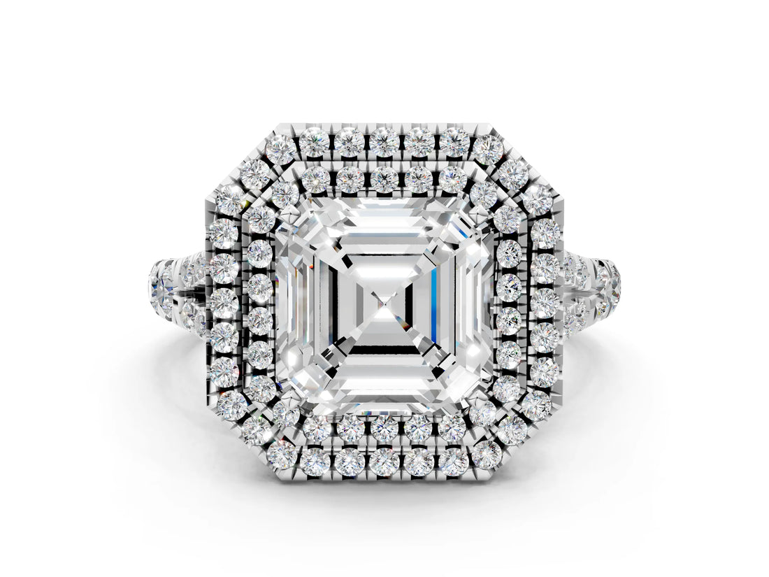 White gold Double Halo Asscher-Shaped Split Shank Diamond Ring with Prong Setting_20