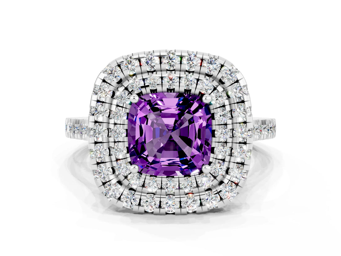 White gold Double Halo Cushion Cut Amethyst Pavé Band with Four-Prong Setting