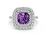 White gold Double Halo Cushion Cut Amethyst Pavé Band with Four-Prong Setting