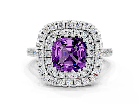 White gold Double Halo Cushion Cut Amethyst Pavé Band with Four-Prong Setting