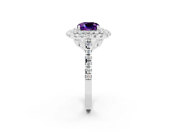 Silver Double Halo Cushion Cut Amethyst Pavé Band with Four-Prong Setting