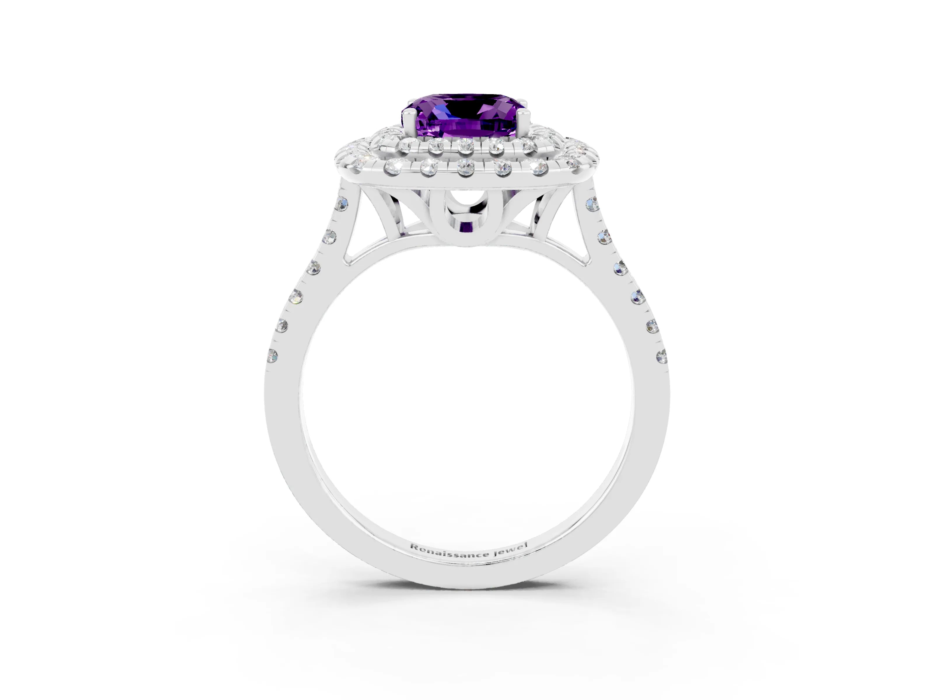 White gold Double Halo Cushion Cut Amethyst Pavé Band with Four-Prong Setting_3