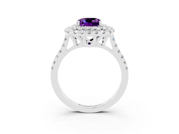 Silver Double Halo Cushion Cut Amethyst Pavé Band with Four-Prong Setting