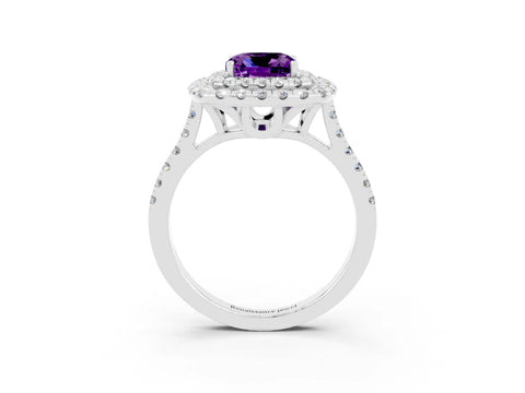 White gold Double Halo Cushion Cut Amethyst Pavé Band with Four-Prong Setting_3