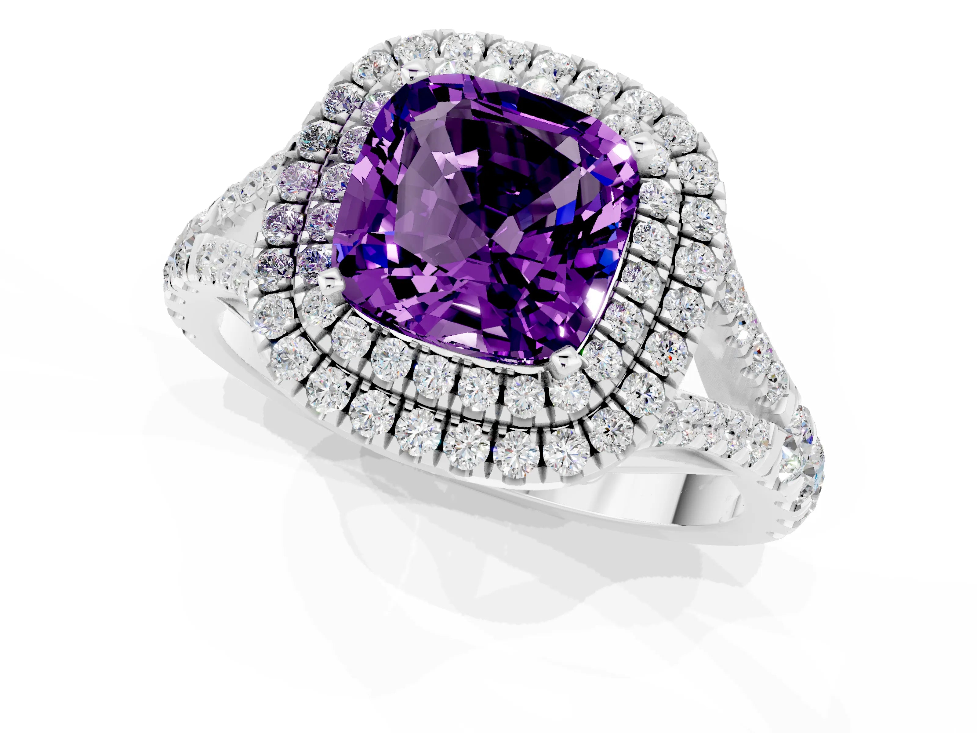 White gold Double Halo Cushion Cut Amethyst Pavé Split Shank Ring with Prong Setting_1