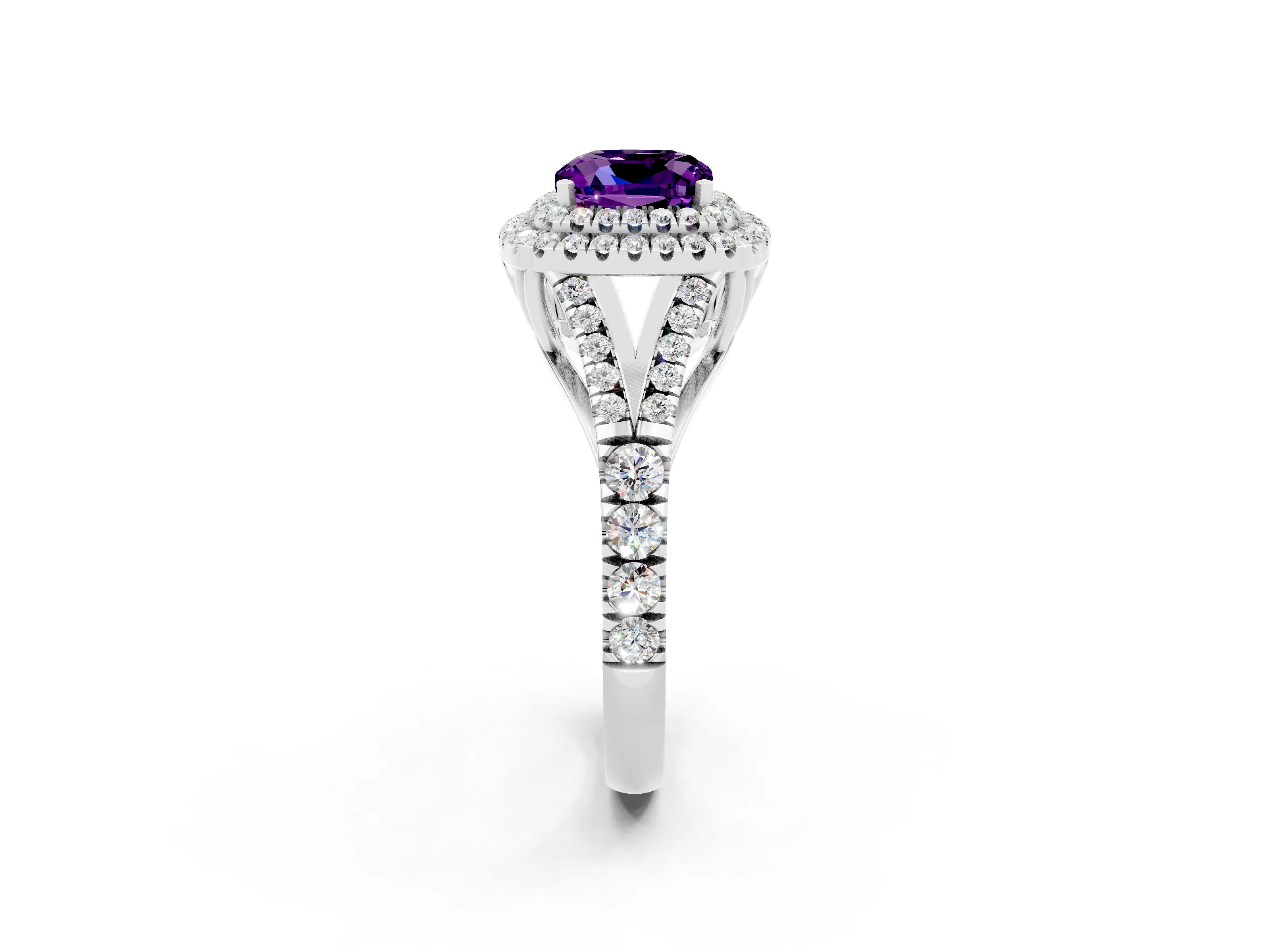 White gold Double Halo Cushion Cut Amethyst Pavé Split Shank Ring with Prong Setting_2