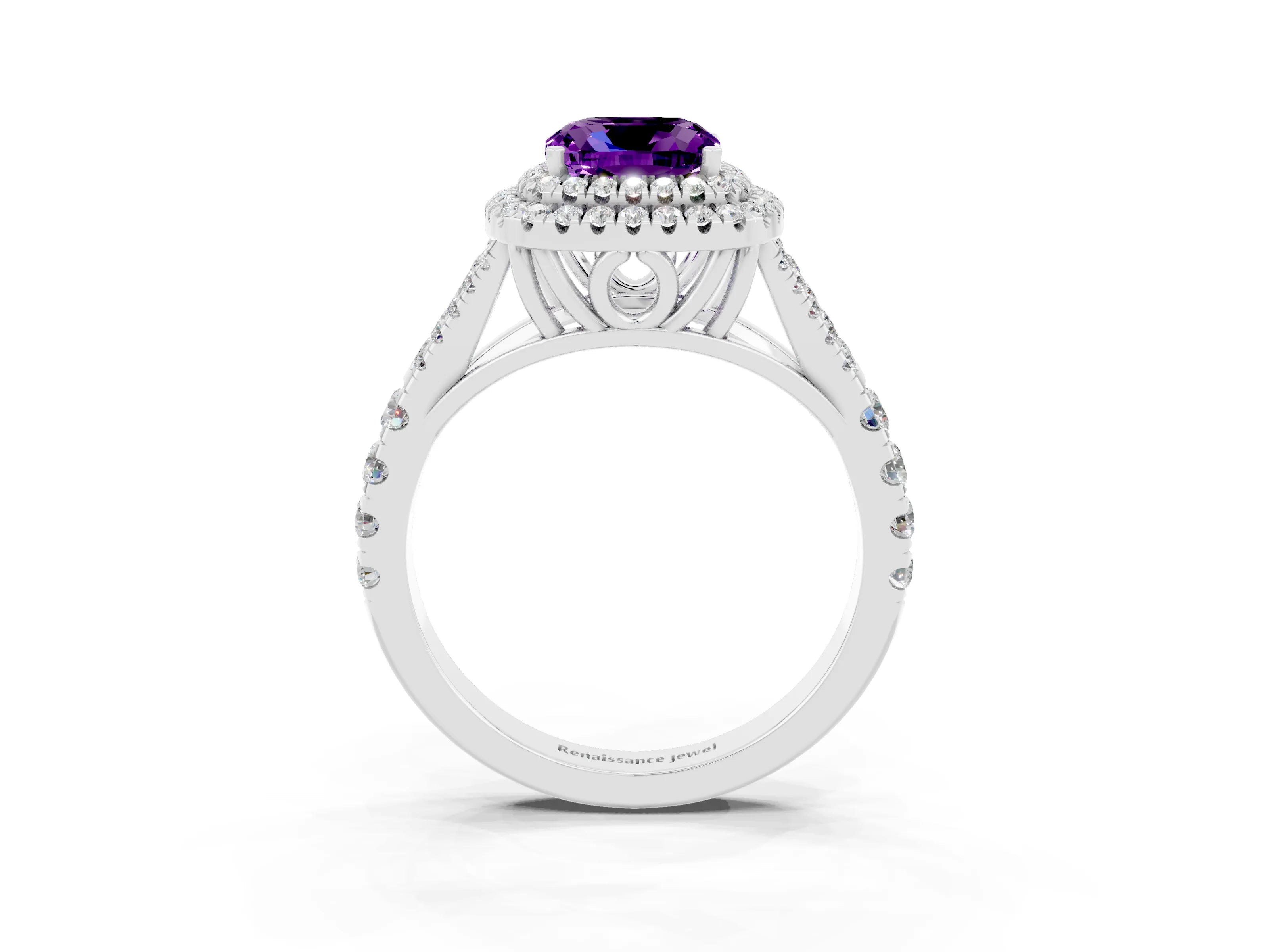 White gold Double Halo Cushion Cut Amethyst Pavé Split Shank Ring with Prong Setting_3