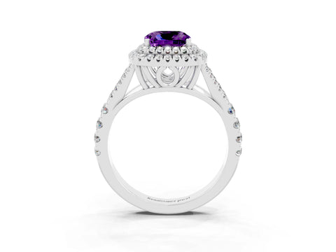 White gold Double Halo Cushion Cut Amethyst Pavé Split Shank Ring with Prong Setting_3