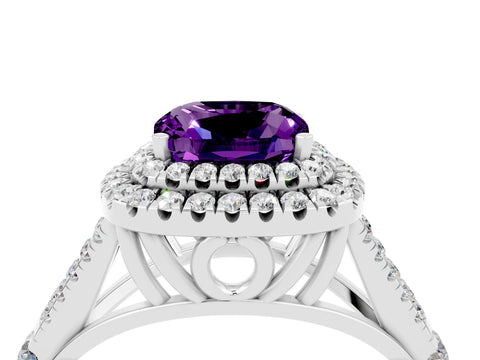 White gold Double Halo Cushion Cut Amethyst Pavé Split Shank Ring with Prong Setting_4