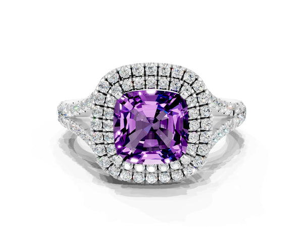White gold Double Halo Cushion Cut Amethyst Pavé Split Shank Ring with Prong Setting