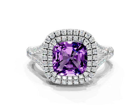 White gold Double Halo Cushion Cut Amethyst Pavé Split Shank Ring with Prong Setting