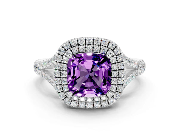 Silver Double Halo Cushion Cut Amethyst Split Shank Engagement Ring with Four-Prong Setting