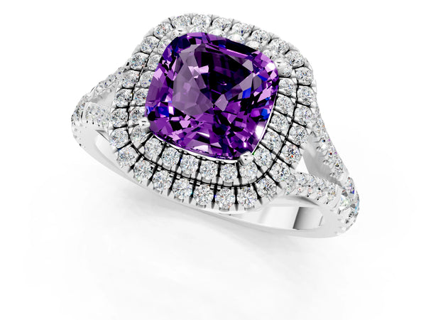 Silver Double Halo Cushion Cut Amethyst Split Shank Engagement Ring with Four-Prong Setting