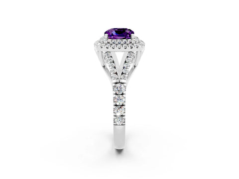 White gold Double Halo Cushion Cut Amethyst Split Shank Engagement Ring with Four-Prong Setting_2