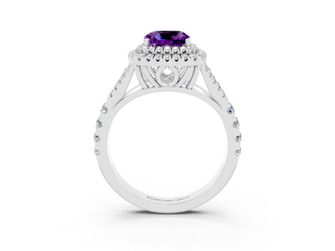 White gold Double Halo Cushion Cut Amethyst Split Shank Engagement Ring with Four-Prong Setting_3
