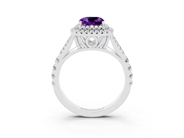 Silver Double Halo Cushion Cut Amethyst Split Shank Engagement Ring with Four-Prong Setting