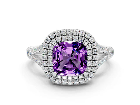 White gold Double Halo Cushion Cut Amethyst Split Shank Engagement Ring with Four-Prong Setting