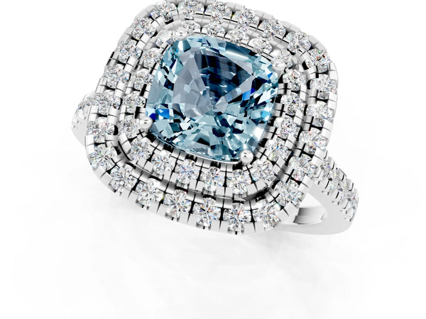 Platinum Double Halo Cushion Cut Aquamarine Pavé Band with Four-Prong Setting