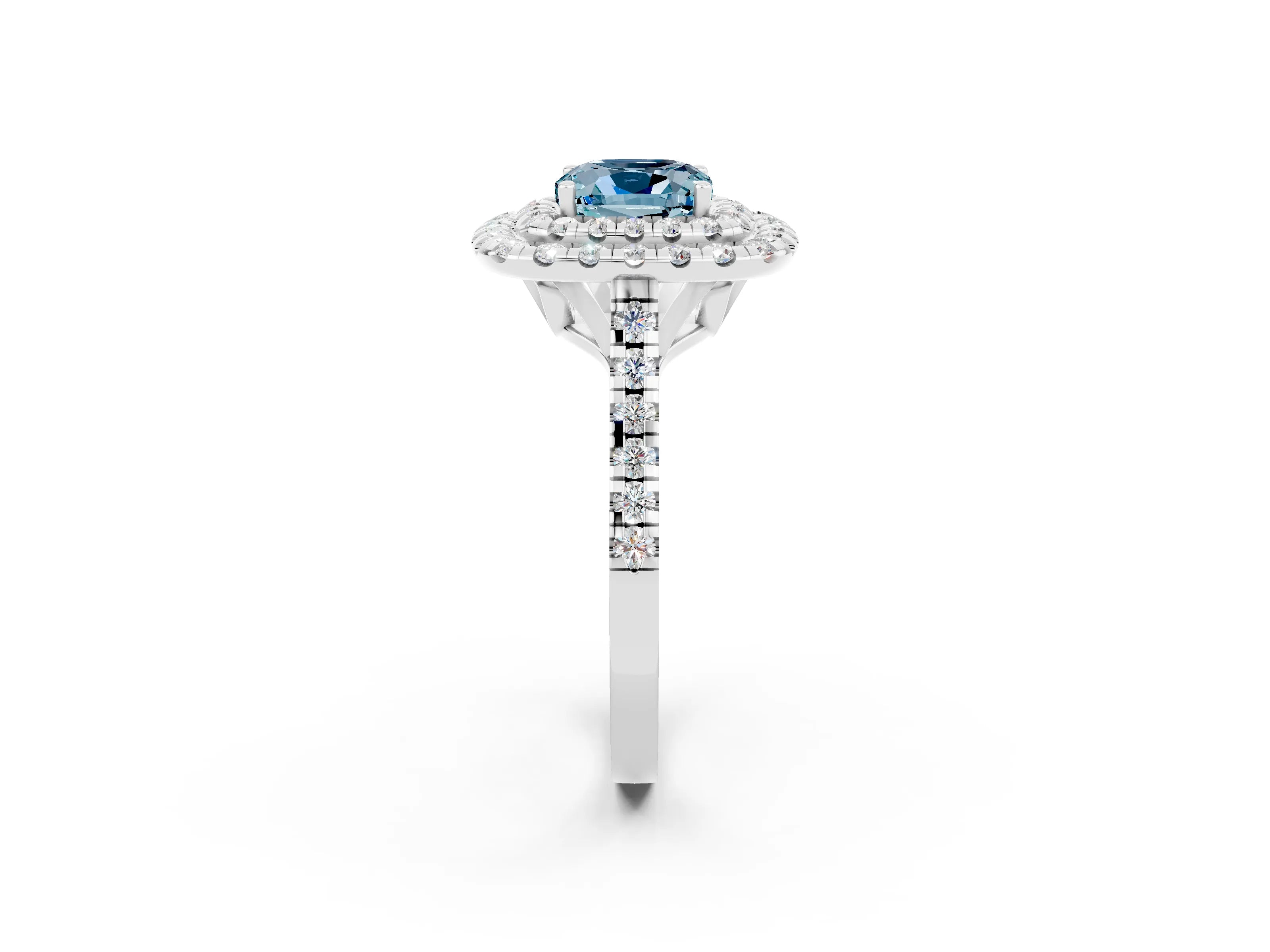 White gold Double Halo Cushion Cut Aquamarine Pavé Band with Four-Prong Setting_2