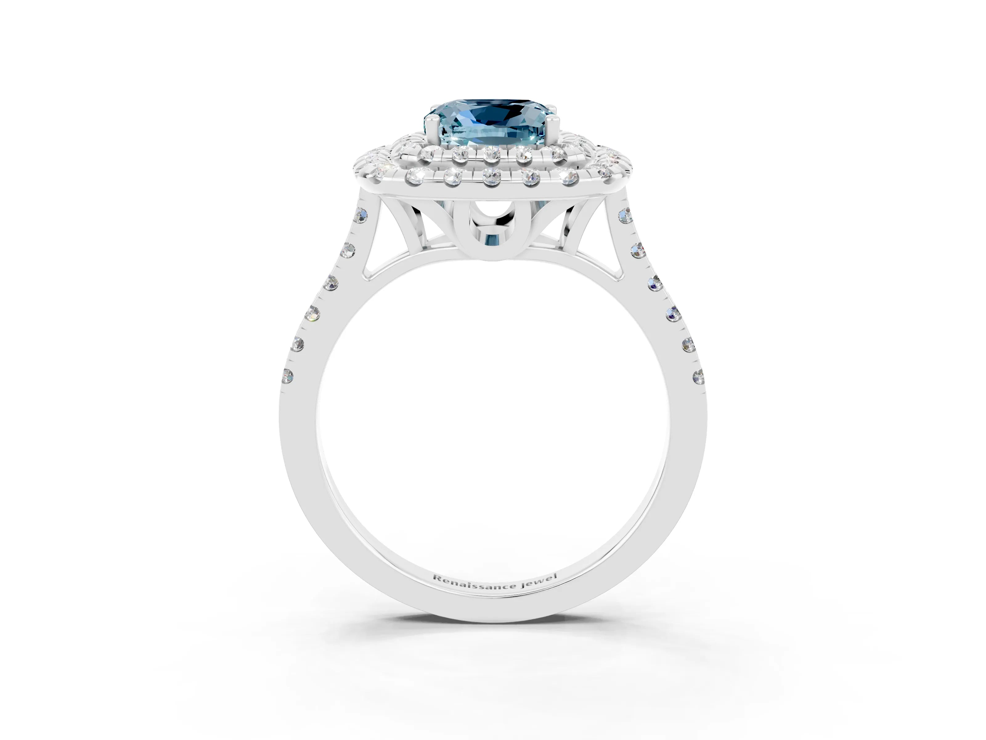 White gold Double Halo Cushion Cut Aquamarine Pavé Band with Four-Prong Setting_3