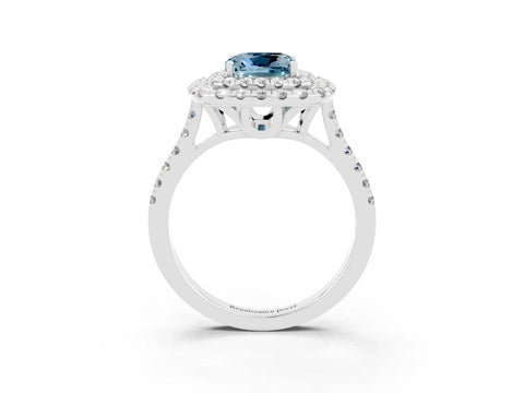 White gold Double Halo Cushion Cut Aquamarine Pavé Band with Four-Prong Setting_3