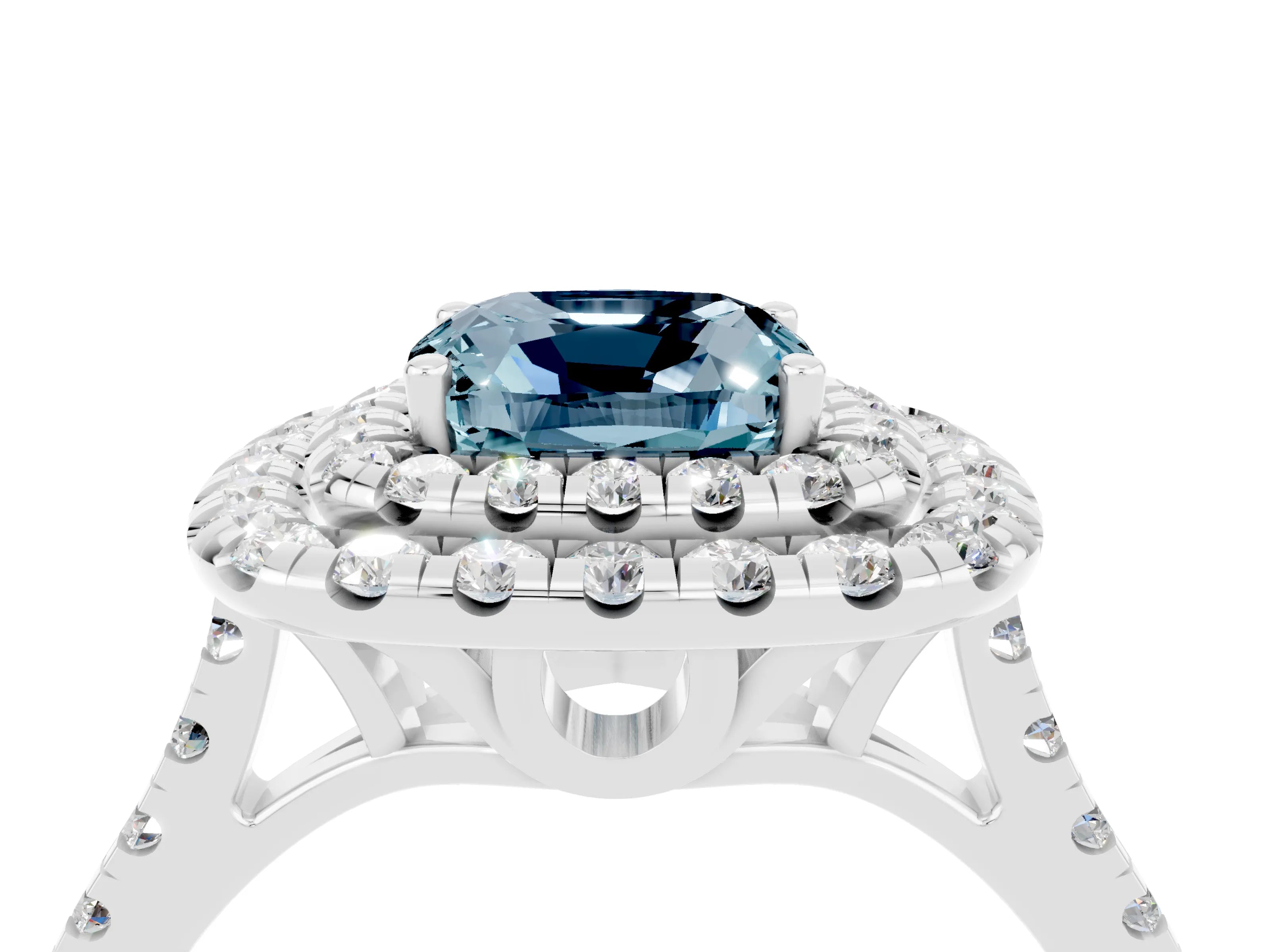 White gold Double Halo Cushion Cut Aquamarine Pavé Band with Four-Prong Setting_4