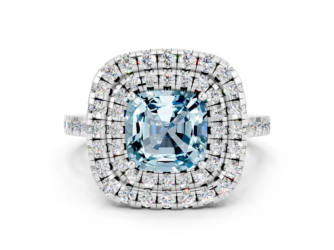 White gold Double Halo Cushion Cut Aquamarine Pavé Band with Four-Prong Setting
