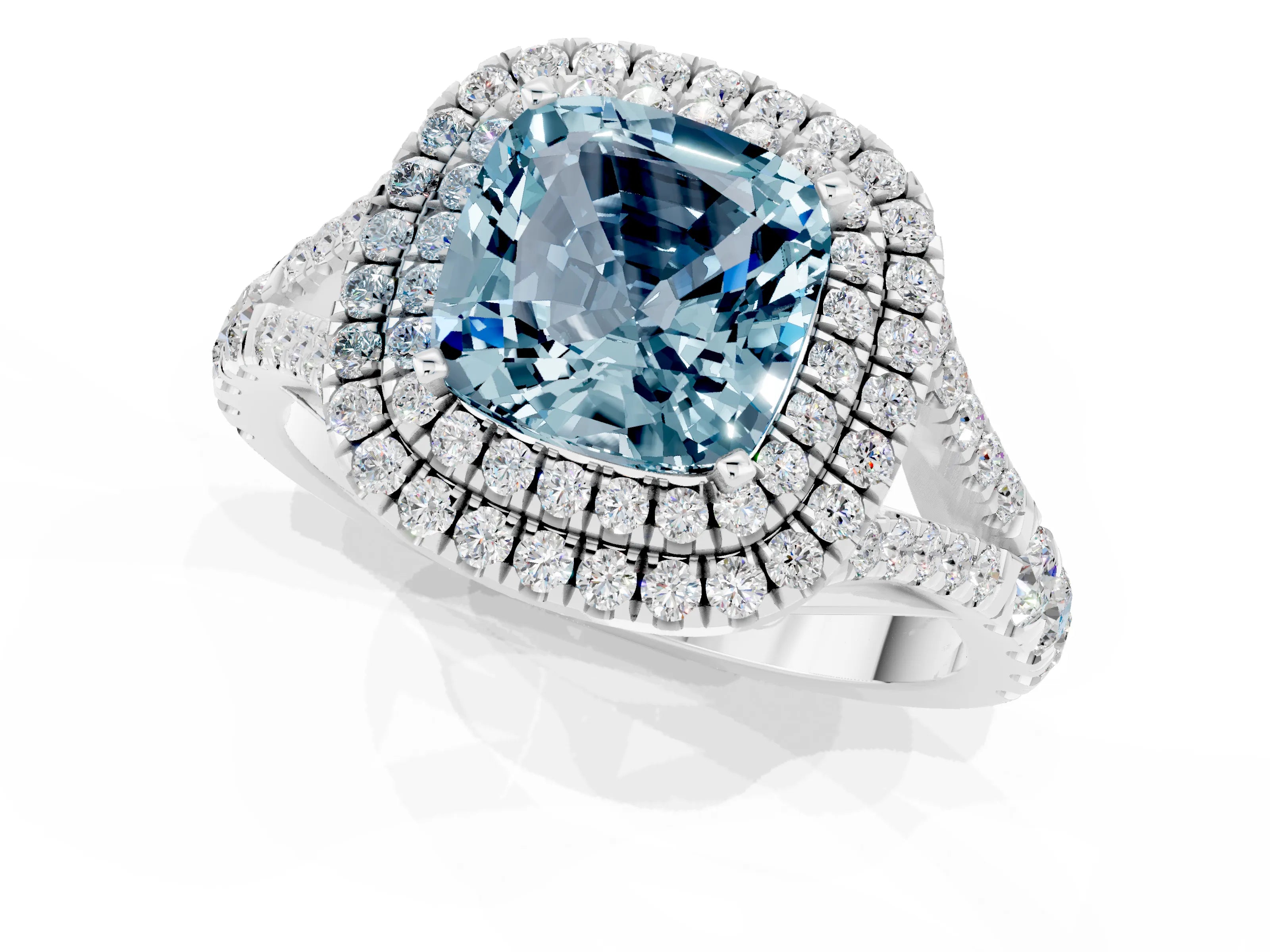 White gold Double Halo Cushion Cut Aquamarine Pavé Split Shank Ring with Prong Setting_1