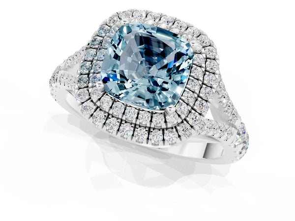 Silver Double Halo Cushion Cut Aquamarine Pavé Split Shank Ring with Prong Setting